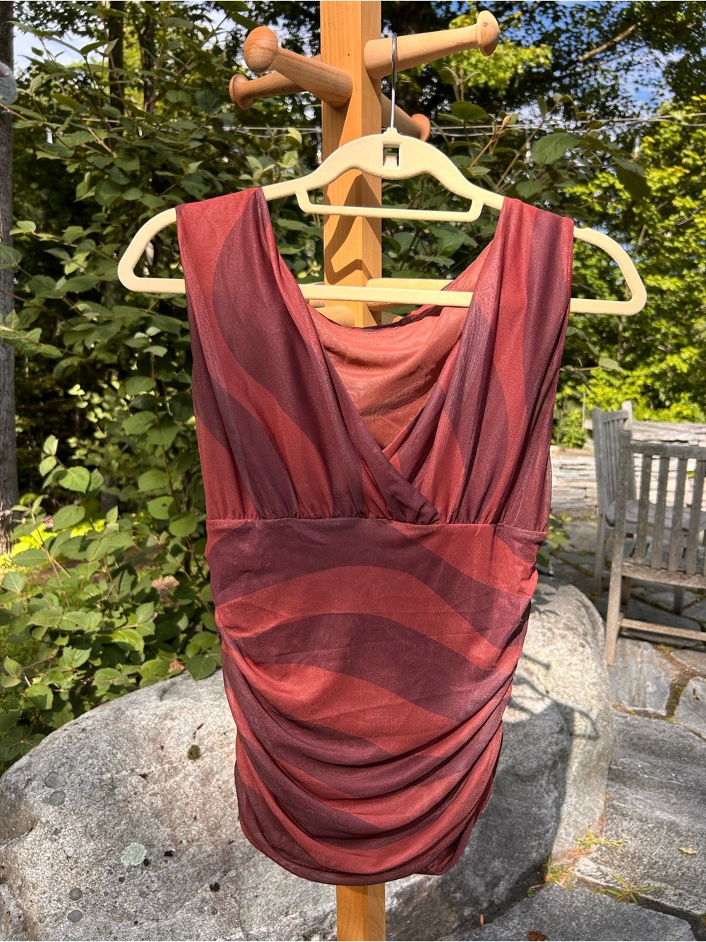 Anthropologie Red and Burgundy Sleeveless Draped Blouse